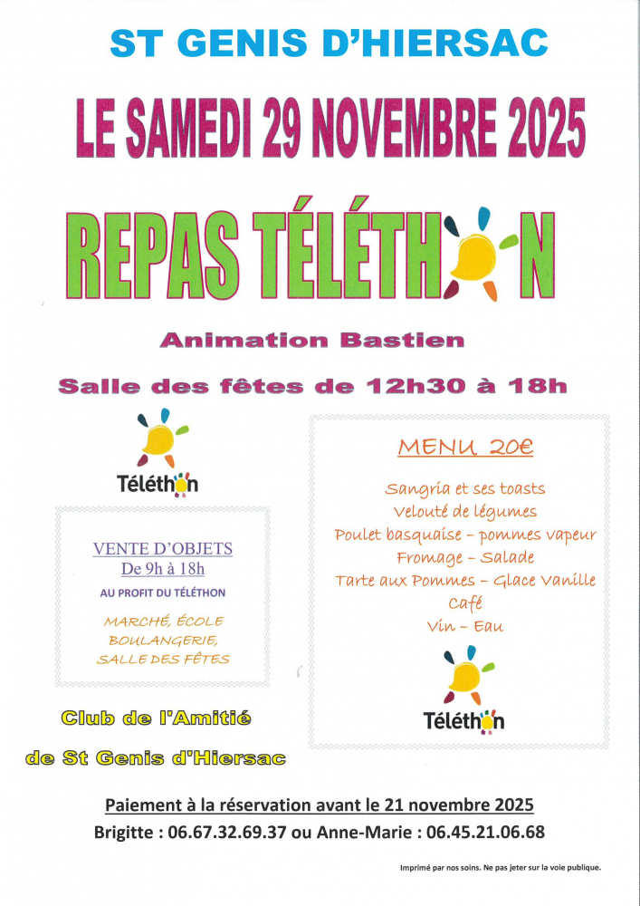 29 Novembre 2025 : Repas Téléthon