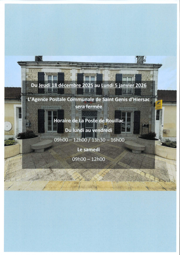 Fermeture Agence Postale Communale du 18 Décembre 2025 au 5 Janvier 2026