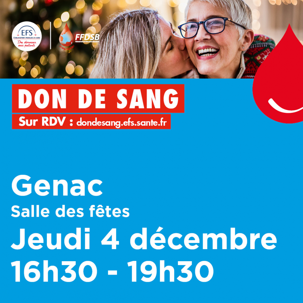 4 Décembre 2025 : Don du Sang (Salle des fêtes genac)